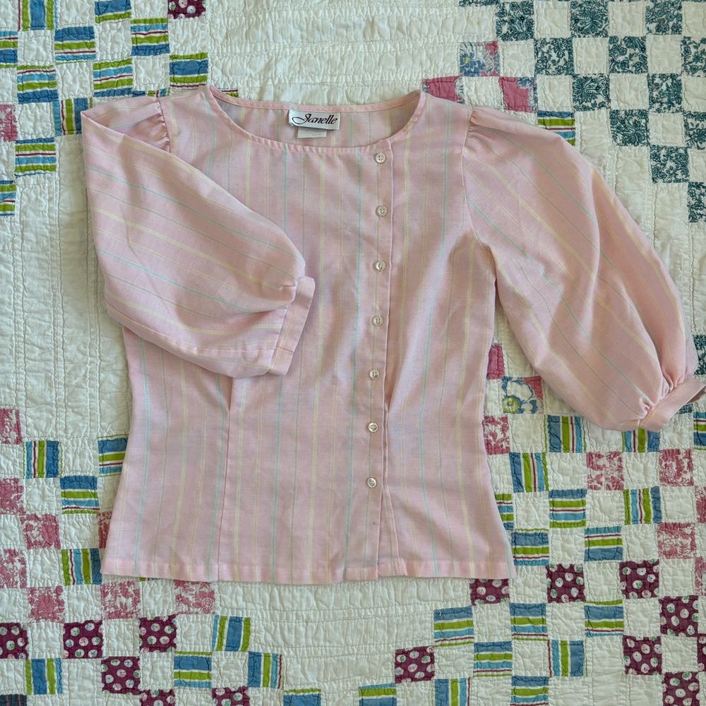 Vintage Pink Striped Women’s Blouse Retro Puff Sleeve Button Down